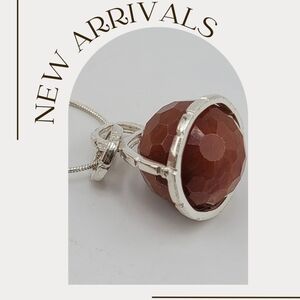 SPHERE CARNELIAN PENDANT IN STERLING SILVER METAL SNAKE CHAIN APPROX 18"